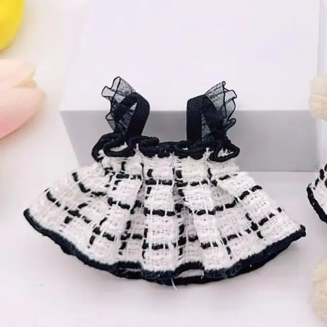Labubu Doll Clothes Outfit — Black & White Plaid Dress Set | Mini Doll Clothing Accessories | DIY Girl Gift