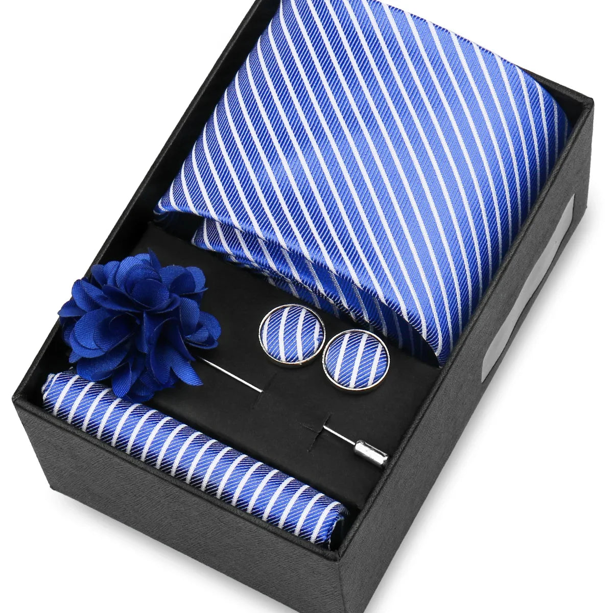 Elegant Men’s Necktie Gift Set - Fashion Tie with Handkerchief, Cufflinks & Brooch Pin Accessories for Business & Wedding