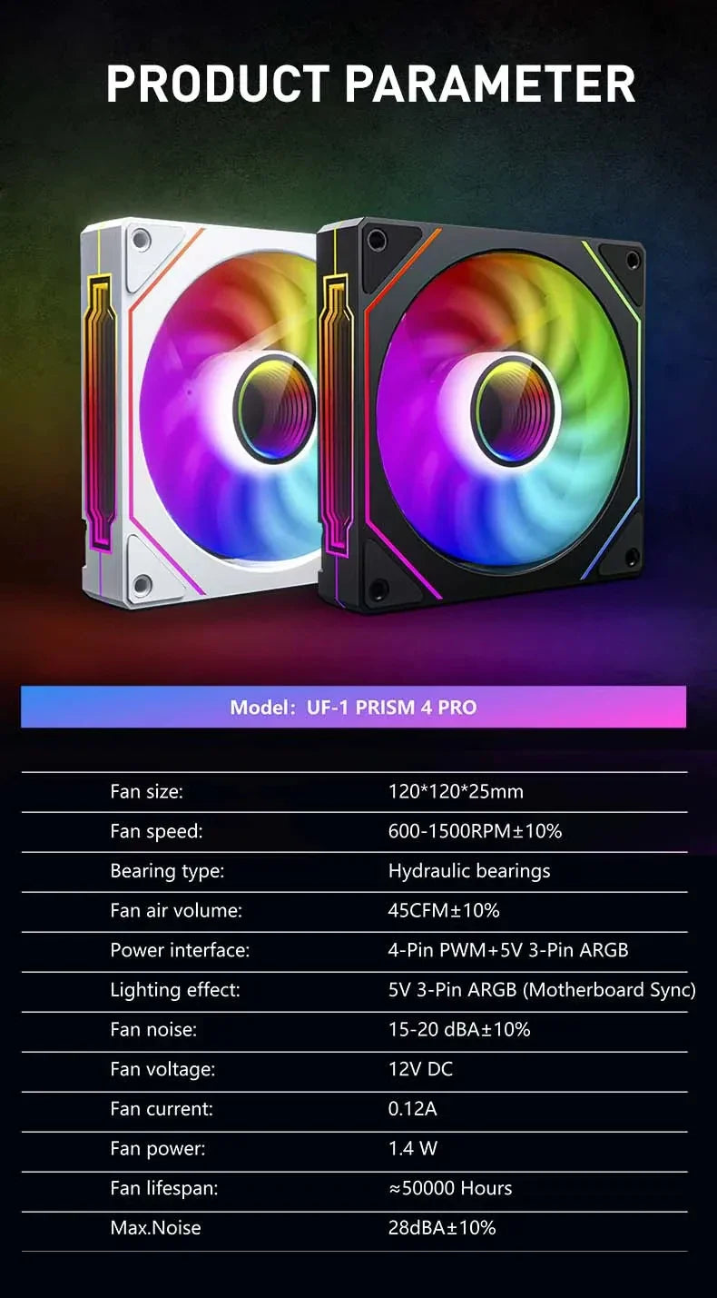 UPSIREN UF-1 PRISM 4 PRO 12cm ARGB Computer Chassis Fan – Quiet 4 Pin PWM Cooling Fan, 45.2CFM Air Volume (600-1500RPM)