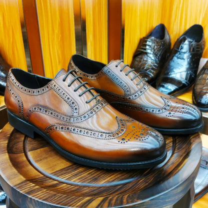 Men’s Genuine Leather Wingtip Oxford Shoes - Luxury Brogue Lace-Up Black and Brown Business Wedding Dress Shoes