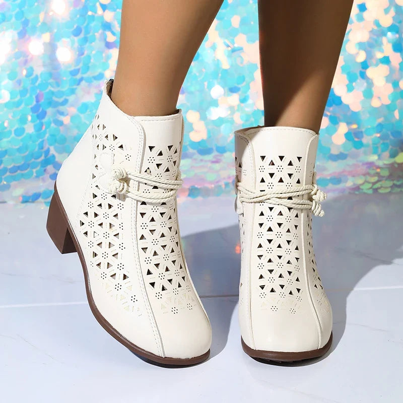 Women’s Hollow-Out Ankle Boots - 2025 Summer Retro Mid-Heel Soft Sole Breathable Shoes