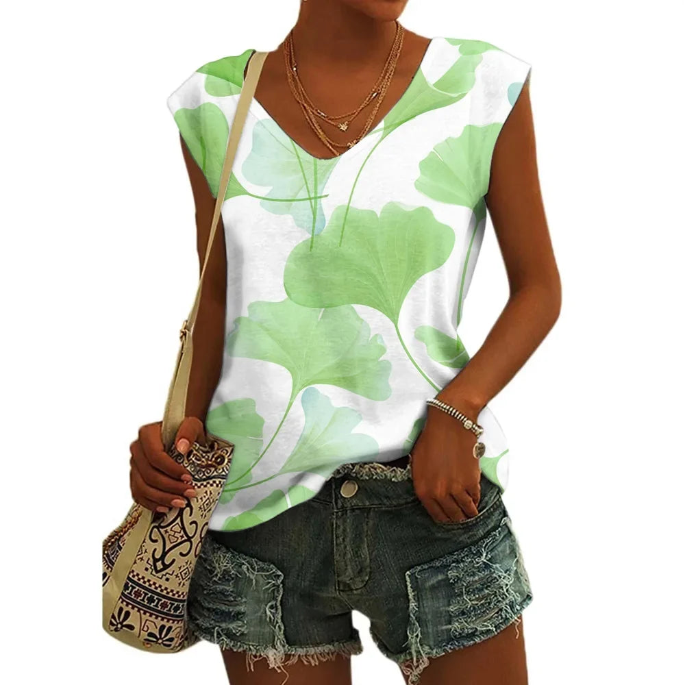Women’s Floral Print T-Shirt - V Neck Cap Sleeve Loose Fit Summer Beach Top with Breathable Casual Style