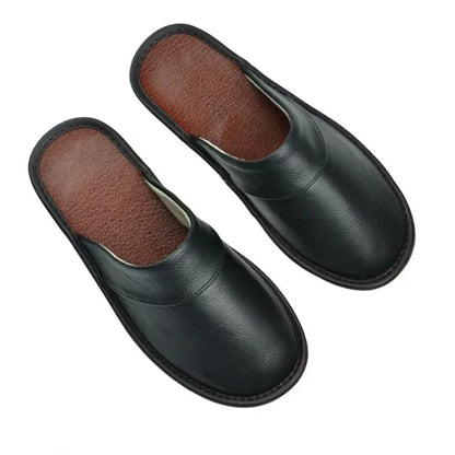 Men’s PU Leather House Slippers - Waterproof Soft Indoor Bedroom Shoes with Comfort Flat Sole