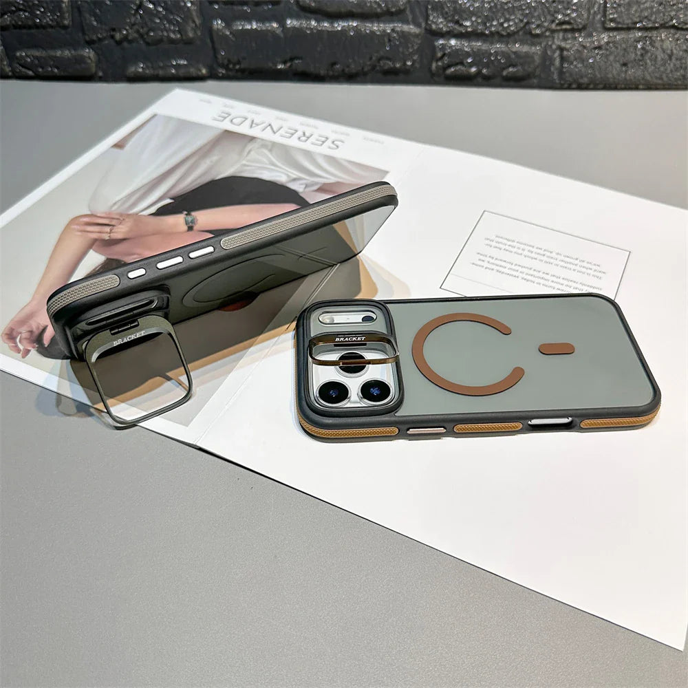 Luxury Matte Transparent MagSafe Kickstand Case — Magnetic Stand Cover for iPhone 11–17 Air, Plus, Pro Max