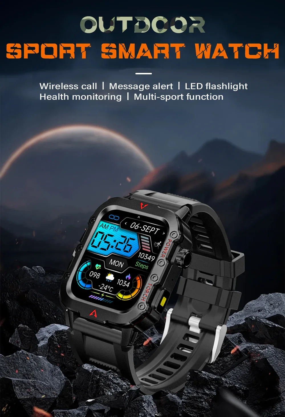 LAXASFIT Men’s Smart Watch – LED Flashlight, Outdoor Sports, Health Monitoring Wristwatch