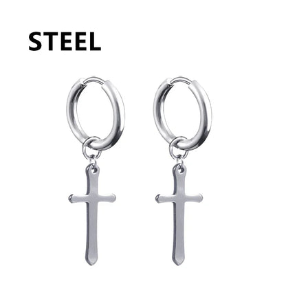 Stainless Steel Cross Star Dangle Earrings - Punk Gothic Hoop Huggie Jewelry for Men & Women