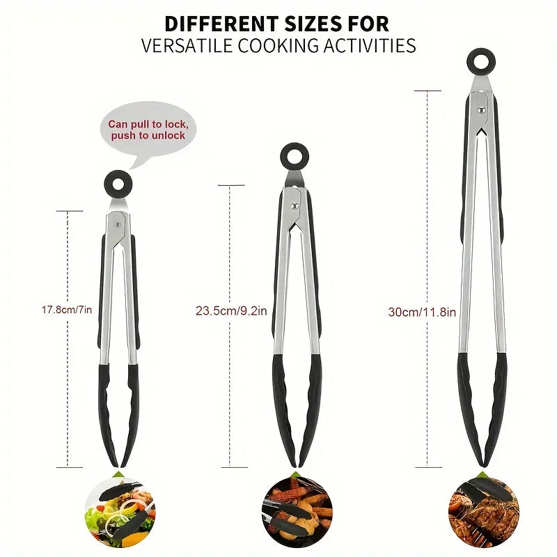 Heavy Duty Stainless Steel Kitchen Tongs - Heat Resistant Silicone Tips with Locking Secure Grip Design