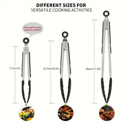 Heavy Duty Stainless Steel Kitchen Tongs - Heat Resistant Silicone Tips with Locking Secure Grip Design