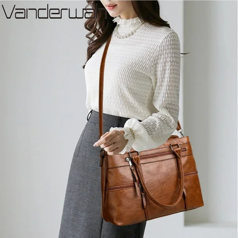 Women’s Leather Handbag - Elegant Top-Handle Shoulder & Crossbody Tote Bag