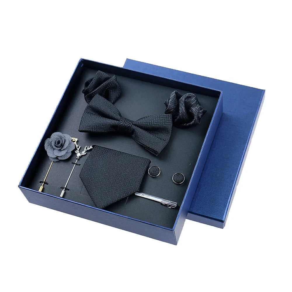 Men’s Luxury Silk Tie Set - 8cm Wedding Necktie with Bowtie, Pocket Square, Cufflinks & Floral Gift Box Accessories