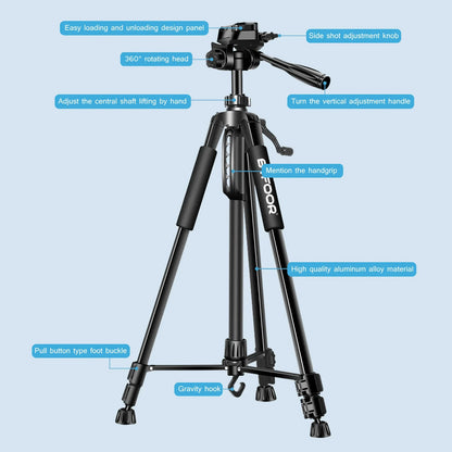 55" Aluminum Travel Tripod – 140CM Tall Stand with Quick Release Plate & Pan Head for Phone, Canon, Nikon, DSLR, SLR Cameras