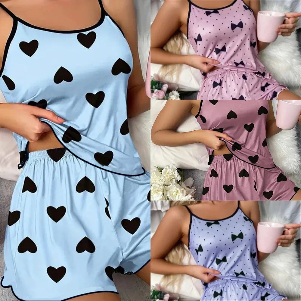 Women’s Summer Pajama Set – Pink Heart Print Ice Silk T-Shirt & Shorts, Comfortable Casual Round Neck Sleepwear