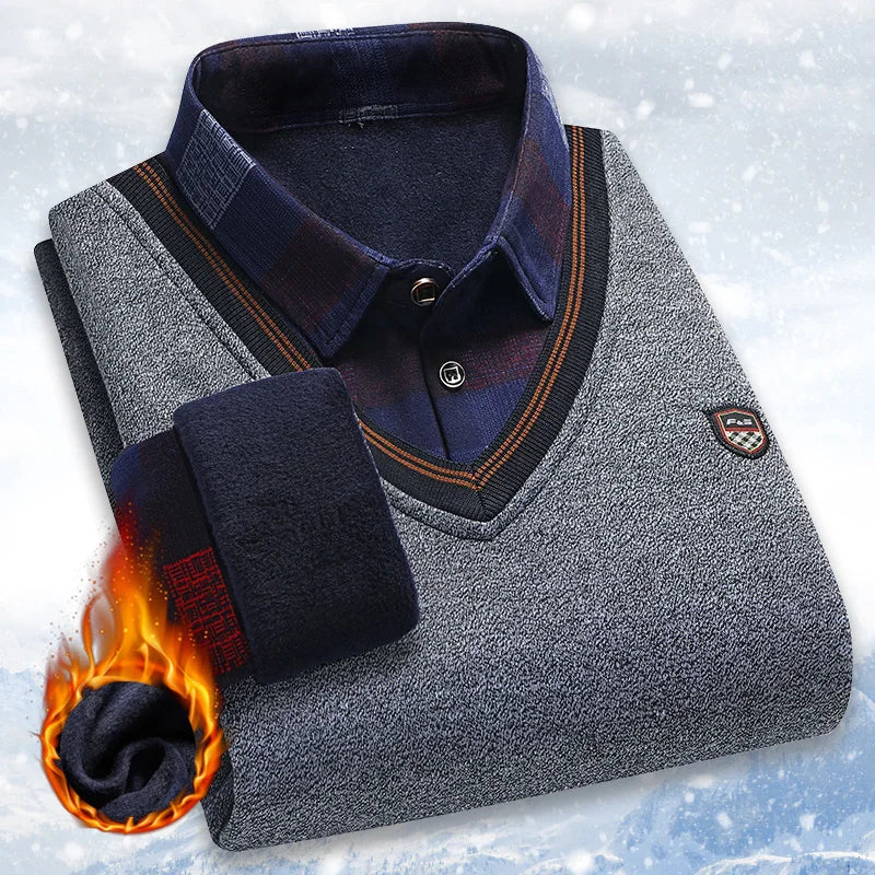 Men's Vintage Plaid Knit Sweater - Warm Fleece Polo Collar Winter Pullover