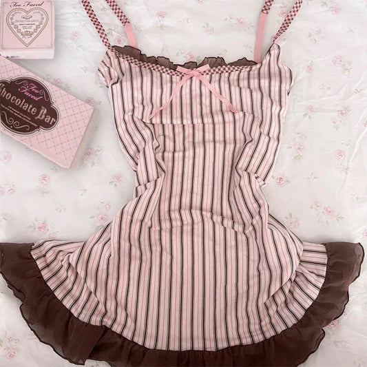 Y2K Harajuku Striped Bow Camisole Crop Top - Retro Kawaii Women's Streetwear