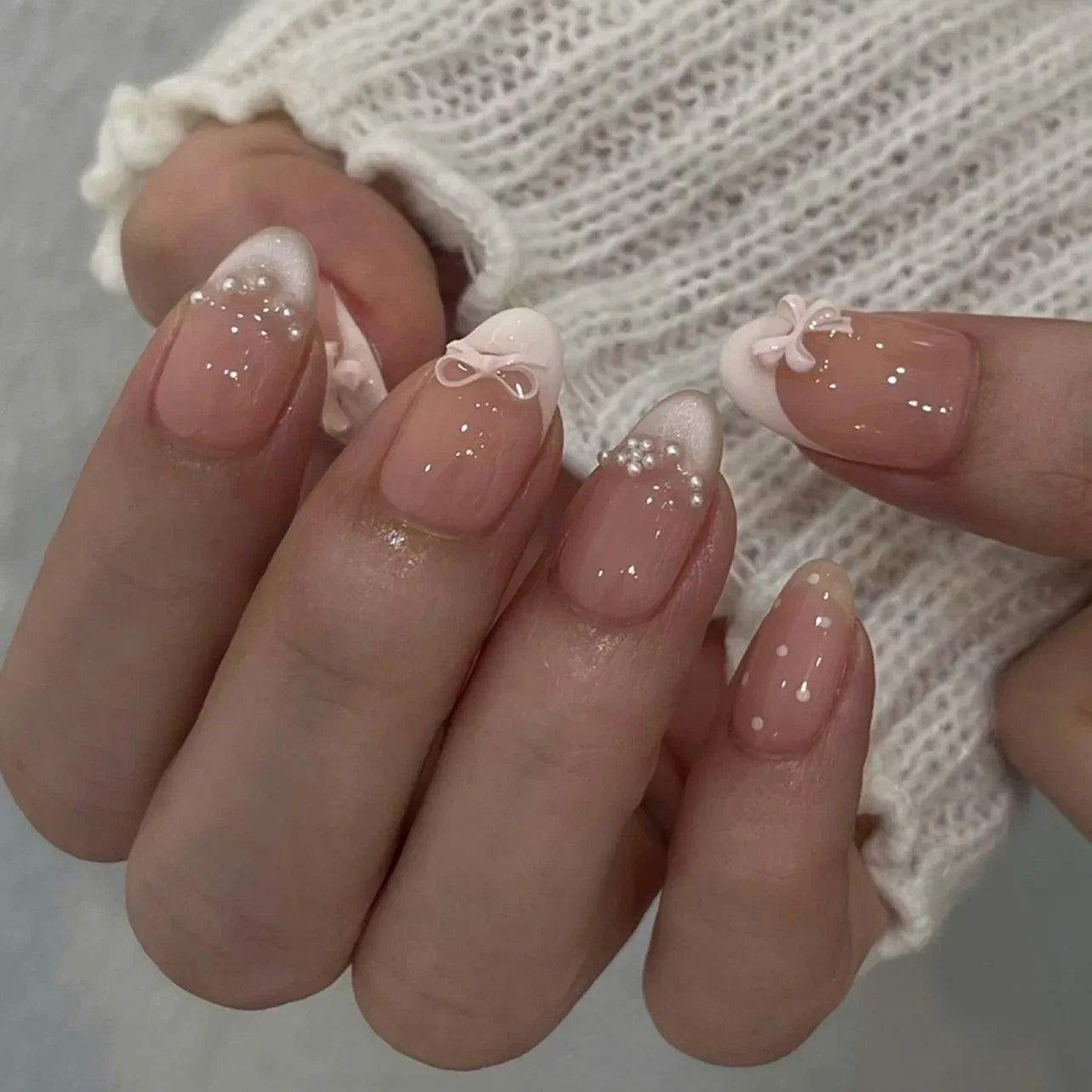 24Pcs French Press On Nails - Almond Fake Nail Tips with Glue, White Edge Design & Pink Stiletto Style Manicure Set