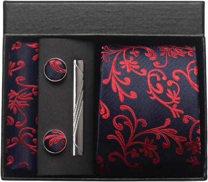 100% Silk Paisley Floral Necktie Set for Men - Premium Business Tie with Pocket Square Tie Clip Cufflinks Gift Box