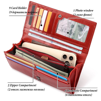 Women's Genuine Leather Clutch Wallet – RFID Blocking Phone Purse with Zipper Pocket