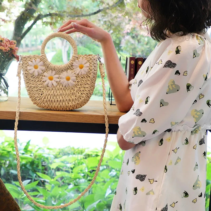 Hand-Woven Straw Beach Bag – Women’s Handmade Moon Basket Crossbody Bohemian Summer Tote