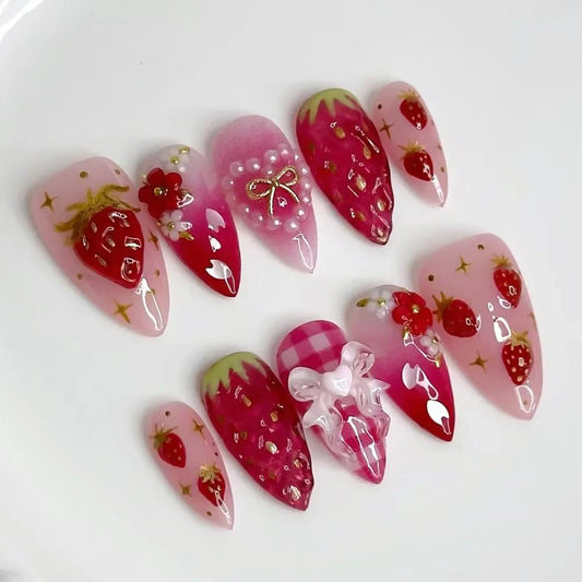 24PCS Strawberry Bow Press On Nails - Red Short Almond Pearl Starlight Floral False Nail Art Tips
