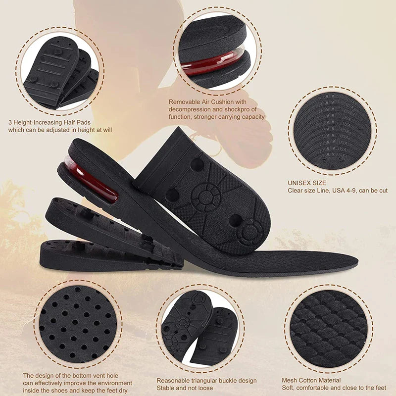 Height Increase Insoles with Air Cushion – Elevator Shoe Inserts for Men & Women, Adjustable 3-9cm Taller Footwear Lifts