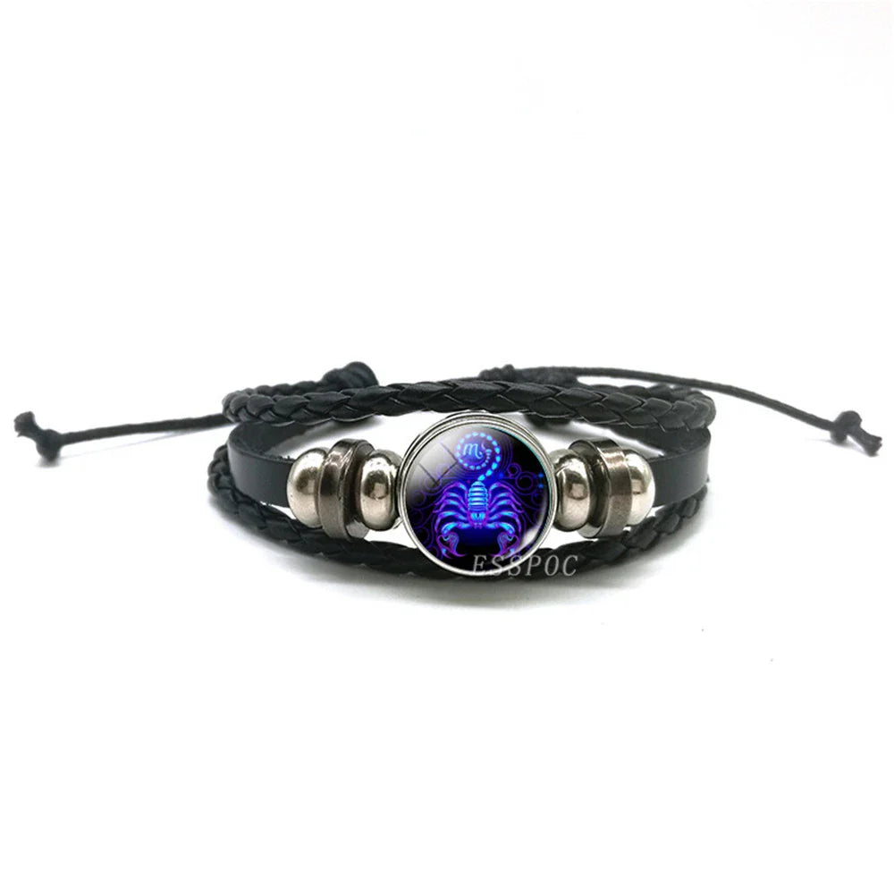 Men’s Zodiac Sign Leather Bracelet | 12 Constellation Black Braided Wrap | Punk Style Multilayer Bracelet for Birthday Gifts