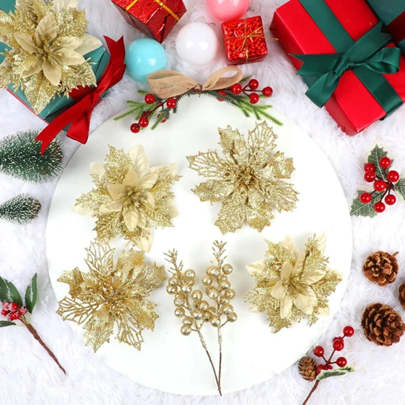 22PCS Christmas Decoration Set – Artificial Flowers & Berry Bouquet Ornaments for Tree, Home Decor, and Holiday Gifts