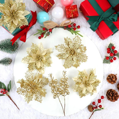 22PCS Christmas Decoration Set – Artificial Flowers & Berry Bouquet Ornaments for Tree, Home Decor, and Holiday Gifts