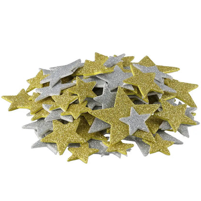 200Pcs Glitter Star Foam Stickers Set – Self-Adhesive 4 Sizes (2.5–5.5cm) Silver & Gold Sparkle Stars for DIY Crafts & Decoration
