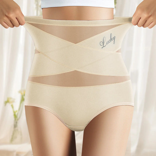 High-Waist Women’s Mesh Panties – Breathable Ice Silk, Cross Tummy Cinching, No-Trace Triangle Underwear for Shaping & Comfort