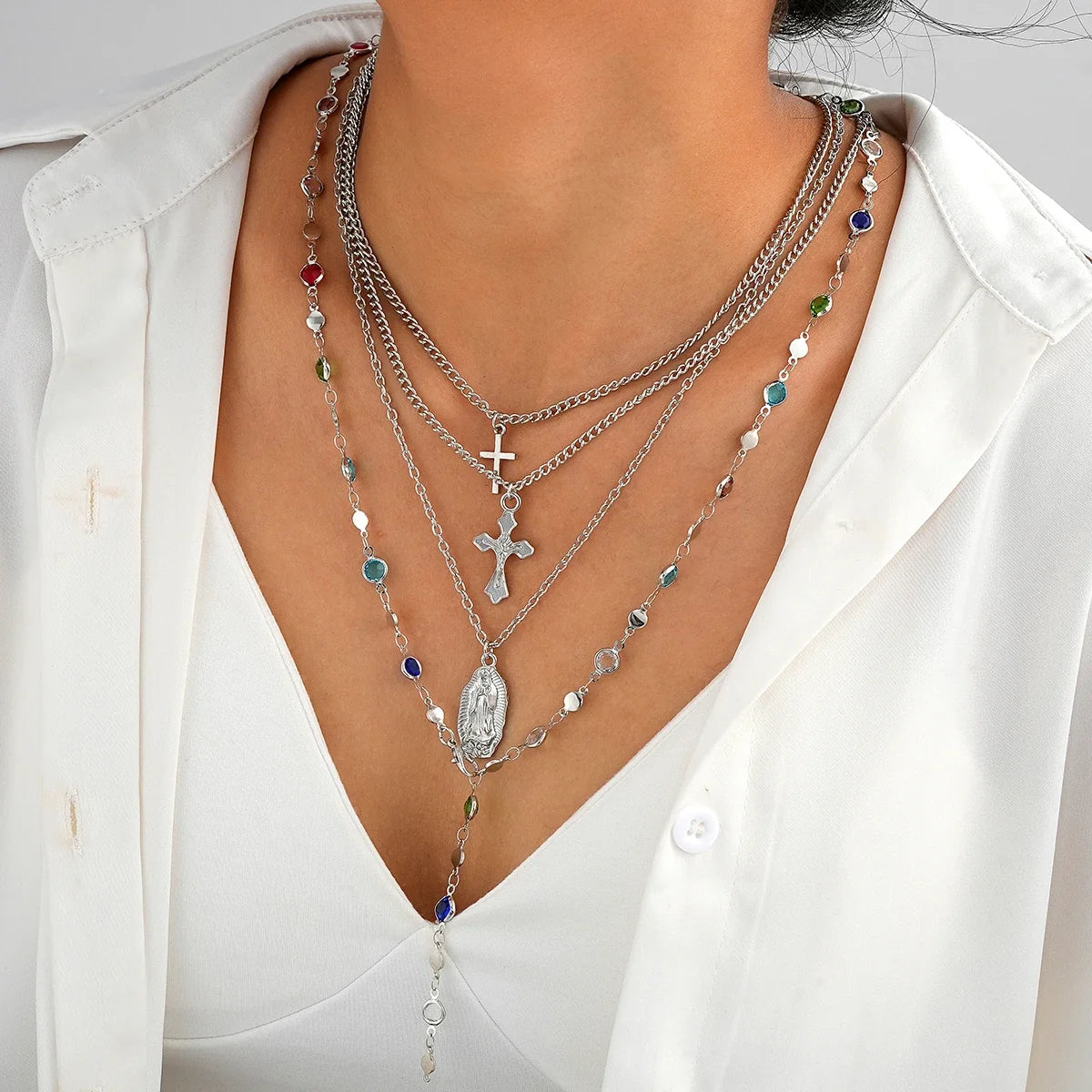 4Pcs Colorful Crystal Necklace Set - Gold & Silver Y-Shaped Pendant Chain Jewelry for Women with Cross Design