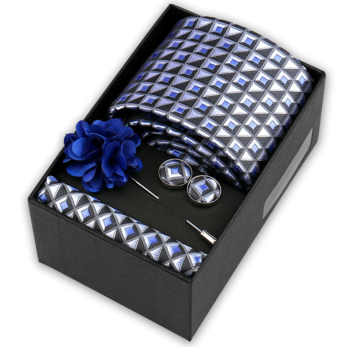Men’s 4-Piece Tie Set Gift Box - Elegant Necktie with Handkerchief, Cufflinks & Brooch for Business, Wedding & Suit Accessories