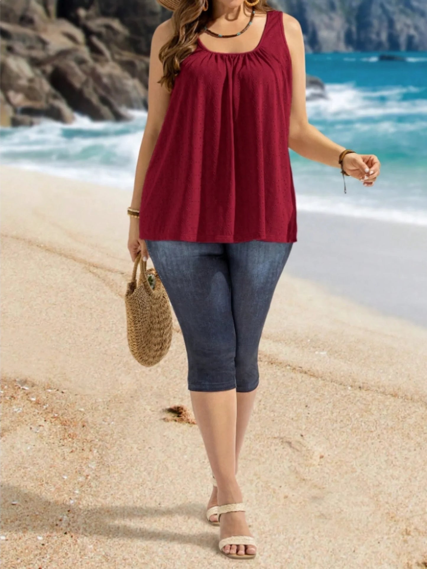 Women’s Plus Size Embroidered Tank Top - Square Neck Sleeveless Eyelet Camisole with Loose Fit Curved Hem Design