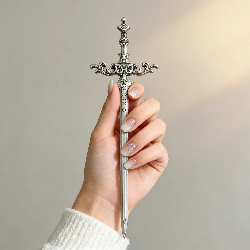 Silver Sword Hair Stick - Ornate Star Medieval Fantasy Cosplay Hair Accessory