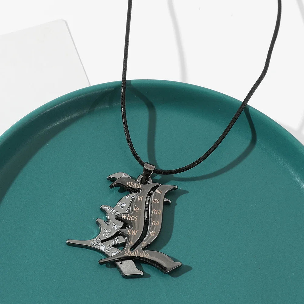 Death Note L Logo Pendant Necklace - Black Rope Leather Gothic Choker for Men and Women