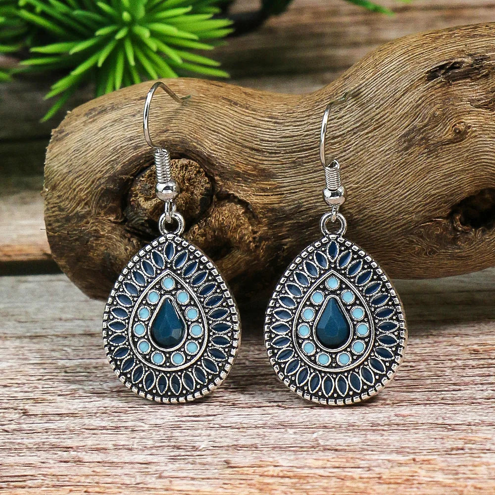 Blue Alloy Turquoise Bohemian Earrings - Retro Geometric Multi-Layer Statement Jewelry