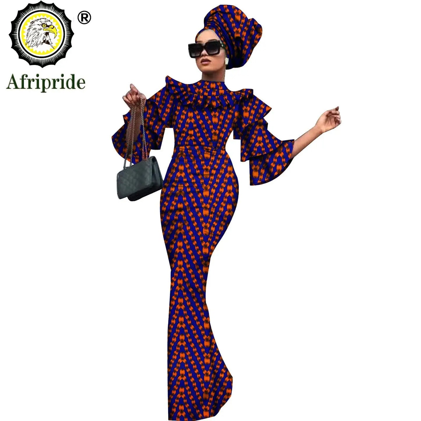 African Bazin Riche 2-Piece Dress Set - Plus Size Bodycon Dress with Headwrap for Women