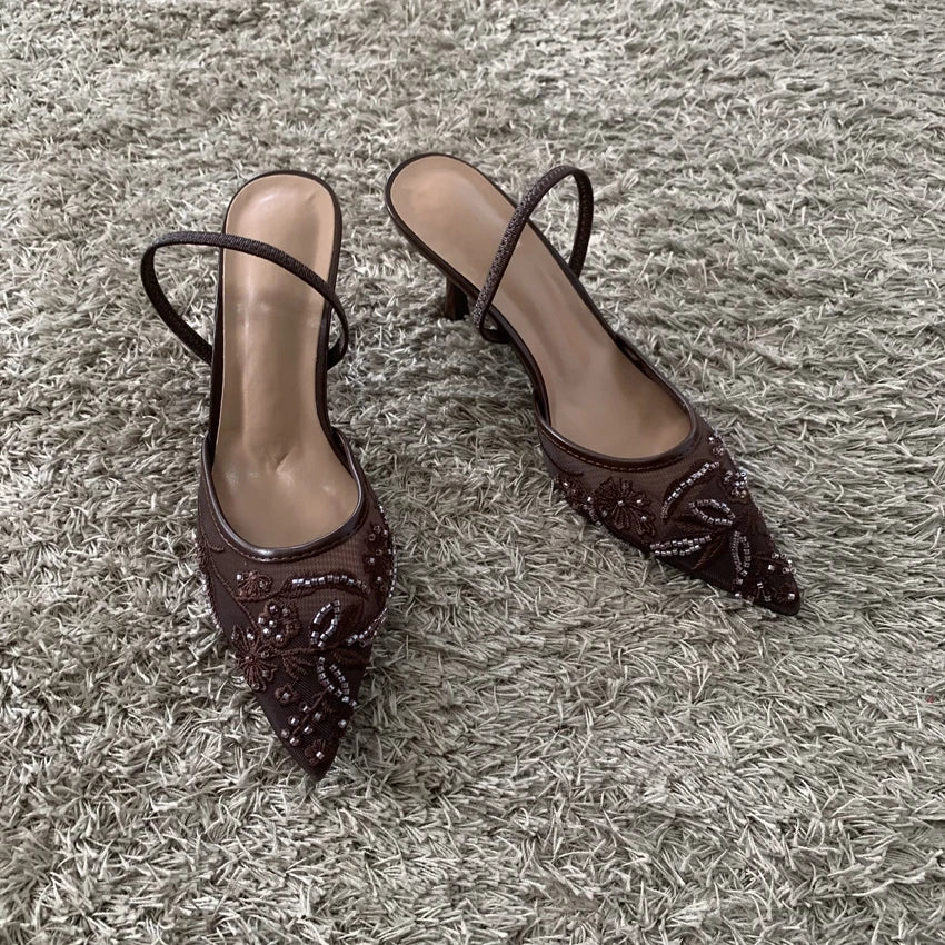 2026 Beaded Mesh Slingback Heels - Women's Pointed Toe Luxury Summer High Heel Sandals