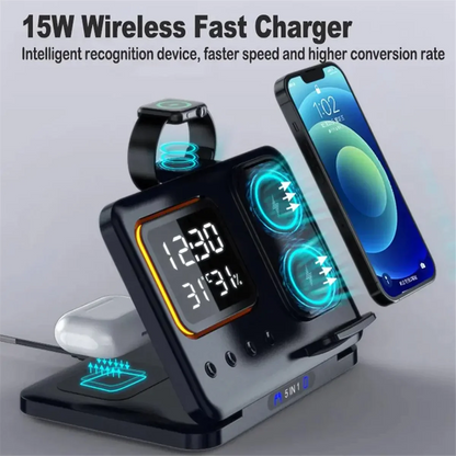 5-in-1 Foldable Wireless Charger Station - LED Digital Alarm Clock Fast Charging Dock for iPhone 15/14 & iWatch 8