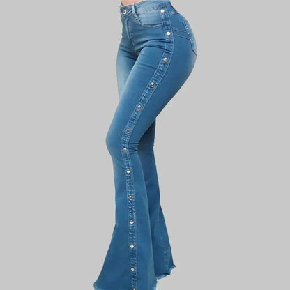 High Waist Stretch Flare Jeans - Vintage Button Front Floor Length Women's Denim Pants
