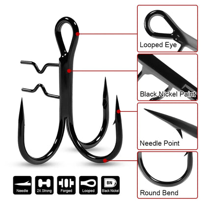 Rosewood Treble Fishing Hook with Holder - Extra Sharp Barbed Triple Hooks for Soft Swimbaits & Rubber Baits