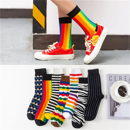 Colorful Striped Art Socks for Men – Rainbow Zebra Pattern Winter Fashion Crew Socks, Unisex Business Casual Combed Cotton Dropshipping Socks