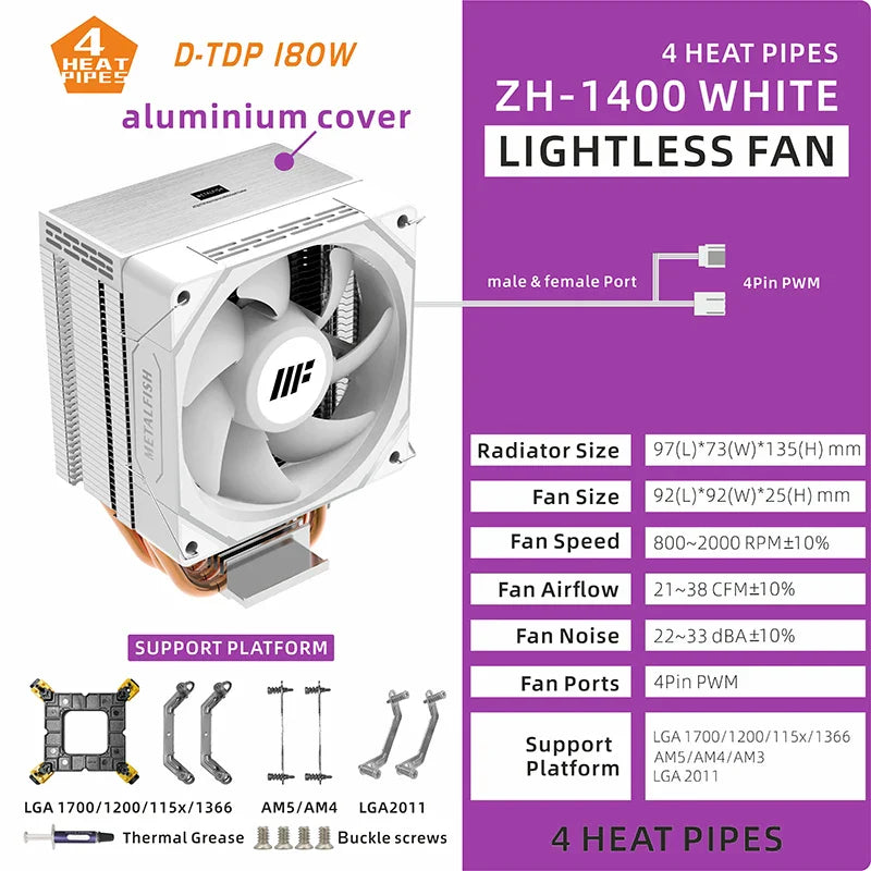 METALFISH ZH1400 ARGB CPU Cooler – 4 Heat Pipes PWM Silent Fan for Intel LGA1700/1200/115X & AMD AM5/AM4 High Performance Cooling