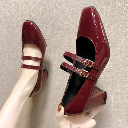 Elegant Women’s Mary Jane Chunky Heels – Square Toe Patent Leather Pumps with Double Ankle Strap