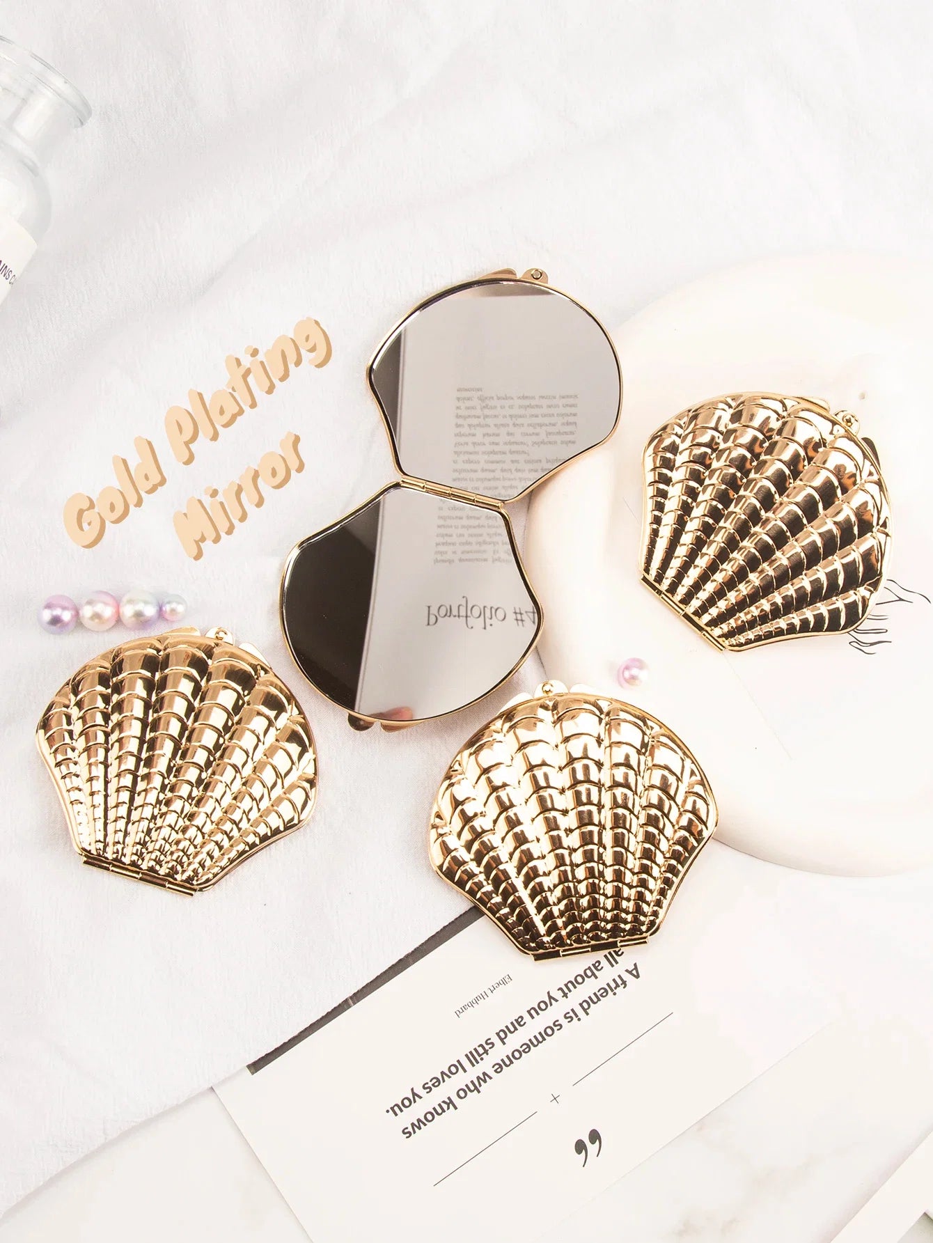 Golden Shell Double-Sided Makeup Mirror - Portable Elegant Beauty Mirror Gift for Girlfriend, Mom, Wife & Sister