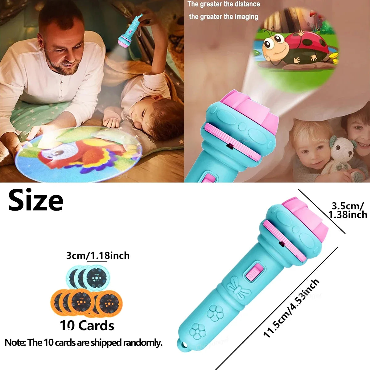 Kids Projector Flashlight Toy - 10 Cards 80 Cartoon Patterns Educational Bedtime Gift for Toddlers