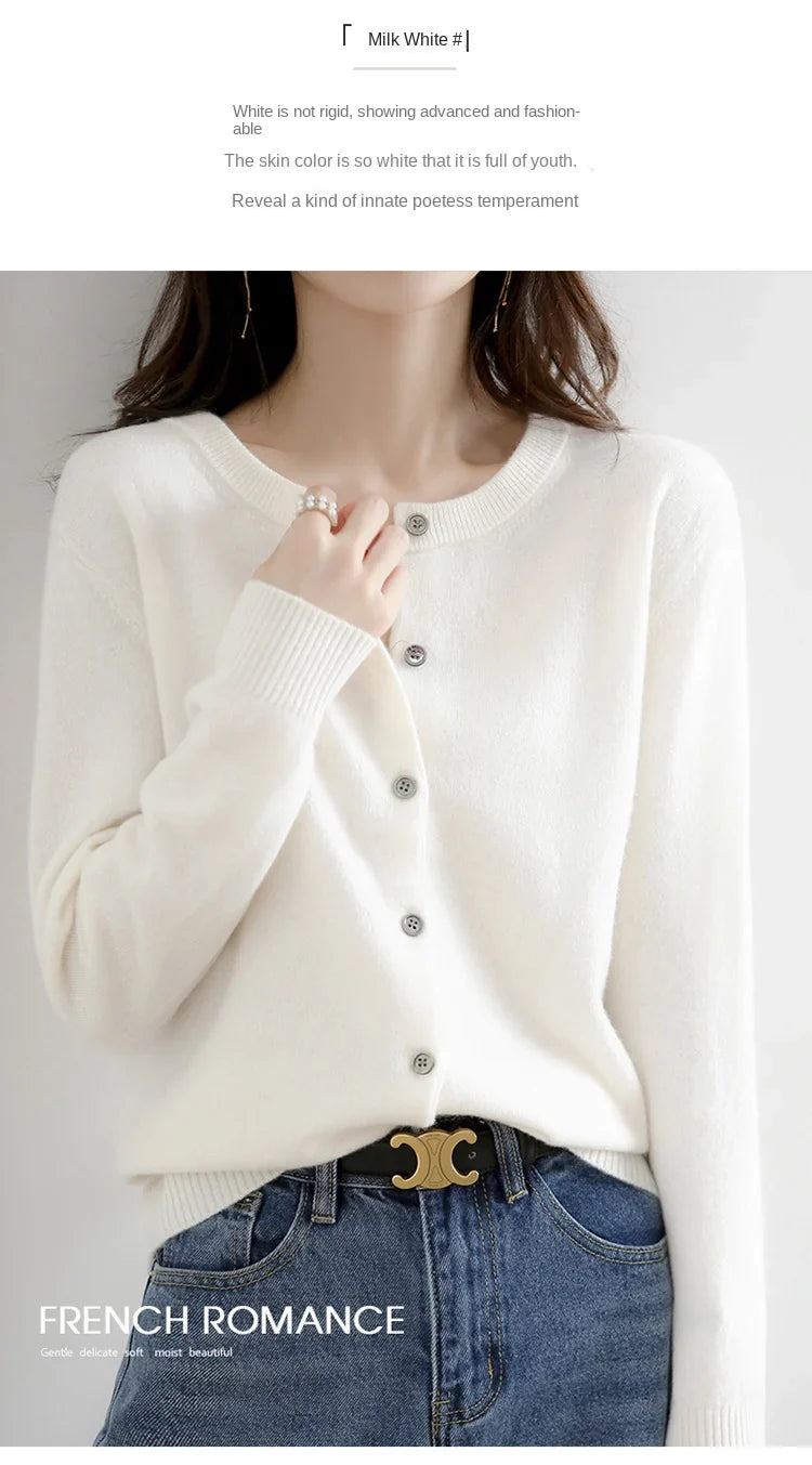 Women’s Solid Color Knit Cardigan - Spring Autumn Round Neck Worsted Sweater ZD-021