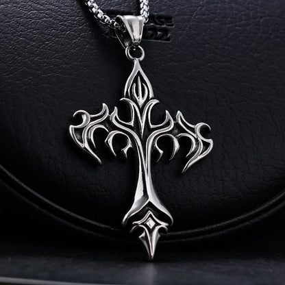 Stainless Steel Flame Retro Cross Necklace – Titanium Steel Casting Pendant for Men, Stylish Vintage Design