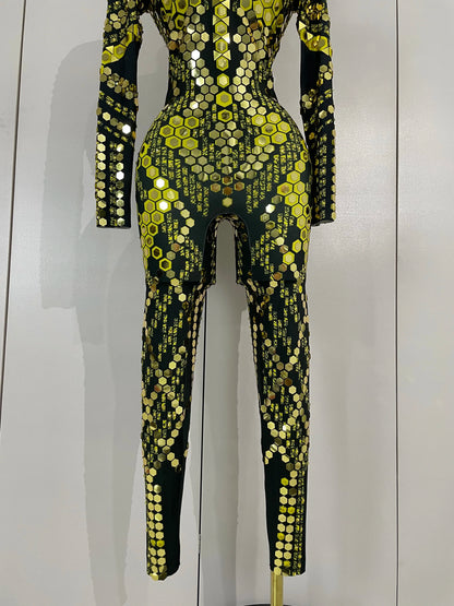 Sexy Shiny Silver Sequin & Black Spandex Jumpsuit — 2025 Women’s Prom, Dancer & Stage Performance Costume