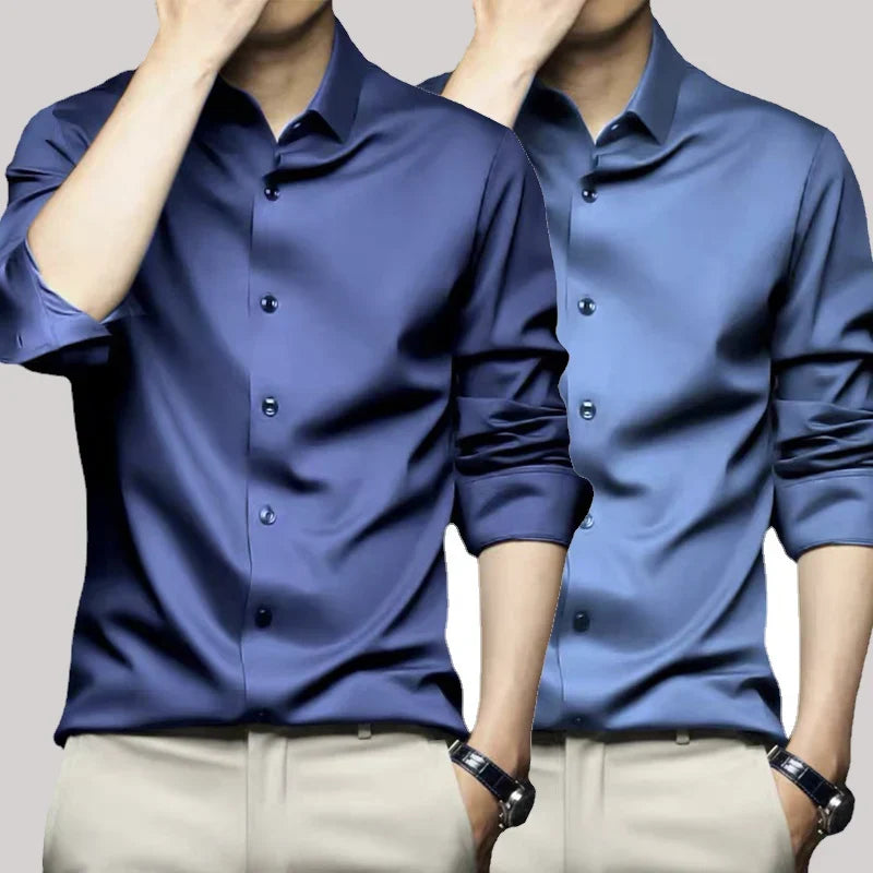 Men’s Luxury White Dress Shirt - Wrinkle-Resistant Ice Silk Glossy Long Sleeve Business Casual Shirt S-6XL