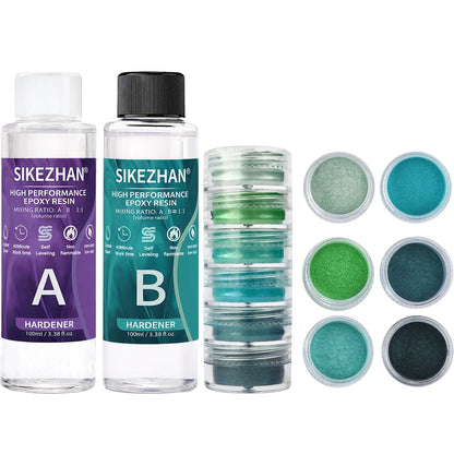 Crystal Clear Epoxy Resin Kit - AB Resin Glue with 6 Color Mica Powder for DIY Jewelry, Nail Art, Soap & Crafts